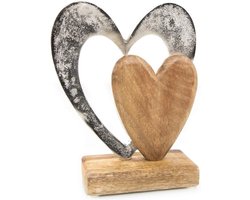 Hartvormig metalen en houten decoratiebeeld voor woonkamer en vensterbank, liefdevol cadeau, 21 x 16 x 6 cm
