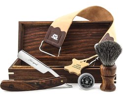 Haryali London luxe scheerset – 5-delige scheerset met houten kist, scheerkwast, leren aanzetriem en slijppasta – Traditioneel nat scheren voor mannen