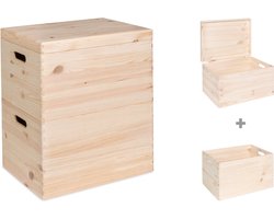 Haudt® Houten stapelkist set 46cm - 1 x KIM Maxi open en 1 x KIM Maxi met klepdeksel - stapelbare opbergoplossing - houten kisten - opbergkist - vurenhout