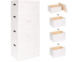 Haudt® Houten stapelkist set mat WIT - 3 x KIM Maxi open en 1 x KIM Maxi met losse deksel - stapelbare opbergoplossing - houten kisten - opbergkist - vurenhout