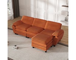HAUSS SPOLE 3-zitsbank - Sofa met Hocker - Modulaire Bank - Geschikt voor Woonkamer en Slaapkamer - 213x61,9 cm - Cordstof - Oranje
