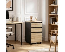 HAUSS SPOLE Archiefkast - Mobiele Opbergkast Met 3 Lades En Bovenblad - Voor Kantoor Slaapkamer En Studeerkamer - Hout - 40x40x70 Cm - Zwart Licht Eiken