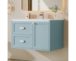HAUSS SPOLE Badkamerkast Met Wastafel - Hangend Met Led Sensorlicht En 2 Laden - Voor Badkamer - Keramiek MDF - Blauw