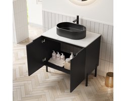 HAUSS SPOLE Badkamerkast Met Wastafel - Vrijstaand Met Ovale Keramische Waskom En 2 Deuren - Voor Badkamer - Keramiek En Steen - 76x48x88 Cm - Zwart Wit