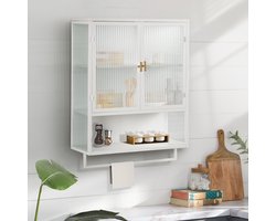 HAUSS SPOLE Badkamerkasten - Badkamerkast met Glastür, open Regal en Handdoekhouder - Voor Badkamer, Woonkamer, Keuken en Entree - 60×23×78 cm - Glas - Wit