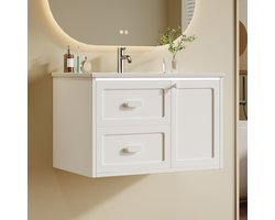 HAUSS SPOLE Badkamermeubel - Hangend Met Led Sensor En Wastafel - Met 2 Laden En Opbergruimte - Keramiek En MDF - 76x46x51 Cm - Wit