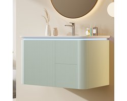 HAUSS SPOLE Badkamermeubel Met Wastafel - Wandhangend Met Sensor Led En 4 Laden - Voor Badkamer - Keramiek En MDF - 80,5x47,5x51 Cm - Groen