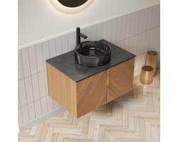 HAUSS SPOLE Badkamermeubel - Wandhangend Met Ronde Glazen Waskom En 2 Deuren - Voor Moderne Badkamer - Sintersteen En Multiplex - 76 Cm - Zwart Bruin Eiken