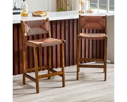HAUSS SPOLE Barkruk - Set Van 2 - Met Rugleuning En Handgeweven Zitting - Voor Keukeneiland En Bar - Massief Hout Walnootkleur