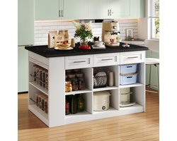 HAUSS SPOLE Bartafels - Keukeneiland Met Uitklapbare Eettafel - Multifunctioneel Met Opbergruimte - 150x90x90 cm - Marmer - Wit