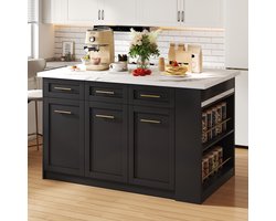 HAUSS SPOLE Bartafels - Keukeneiland Met Uitklapbare Eettafel - Multifunctioneel Met Opbergruimte - 150x90x90 cm - MDF - Zwart