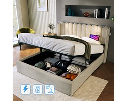 HAUSS SPOLE Bed 140x200 cm - Tweepersoonsbed Met Leeslamp en USB - Opbergruimte - Zonder Matras - Linnen - Natuurlijk