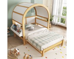 HAUSS SPOLE Bedhuis 140x200 cm - Uittrekbed Met Gewelfd Dak - Met Kleine Zijplank - Lattenrooster - Grenen+MDF - Wit/Naturel - Zonder Matras