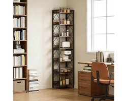 HAUSS SPOLE Boekenkast – 34 x 34 x 200 cm – Smal 7-Laags Open Ontwerp – Metaal En Hout – Zwart En Rustiek Bruin – Voor Woonkamer Of Kantoor