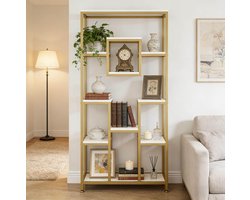 HAUSS SPOLE Boekenkast – Geometrisch Design Met 11 Open Vakken – 90 x 34 x 182 cm – Metaal En Hout – Goud En Wit – Staande Opbergkast