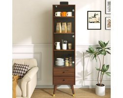 HAUSS SPOLE Boekenkast - Hoge Vitrinekast Met Glazen Deur En 2 Lades - Verstelbare Planken Voor Woonkamer Badkamer Of Kantoor - MDF - 39,8x35x160 Cm - Walnoot