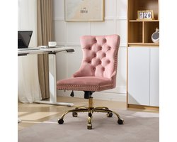HAUSS SPOLE Bureaustoel - Verstelbare Draaistoel Met Brede Zitting - Luxe Knopen En Siernagels - Stevige Gouden Metalen Voet - Fluweel Roze