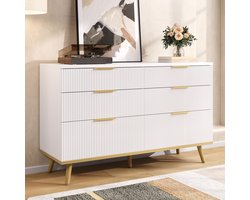 HAUSS SPOLE Commode - Modern Ontwerp Met Houten Look Poten En Goudkleurige Handgrepen - 6 Laden Voor Woonkamer Slaapkamer Hal - Spaanplaat - 120x40x76,5 cm - Wit