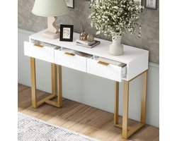 HAUSS SPOLE Consoletafel - Met 2 Lades En Geometrisch Front - Voor Hal Woonkamer En Kantoor - MDF Metaal - Wit Goud