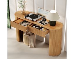 HAUSS SPOLE Consoletafel - Minimalistisch Design Met Ovale Blad En 2 Greeploze Lades - Voor Hal Gang En Woonkamer - MDF - Naturel - 120x33x76 Cm