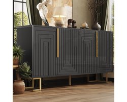HAUSS SPOLE Dressoir - Geometrisch Deurdesign Met Gouden Handgrepen - 2 Deuren 4 Planken - Metalen Poten En Anti-Kantelbeveiliging - MDF - 152x40x75 cm - Zwart