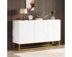 HAUSS SPOLE Dressoir - Geribbeld Frontpaneel Met Hoogglans Deuren - Opbergkast Voor Woonkamer Eetkamer Hal - Spaanplaat Wit Goud - 130x38x76 Cm