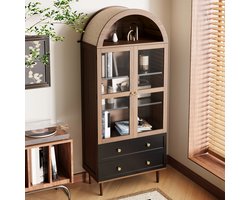 HAUSS SPOLE Dressoir - Gewelfde Retro-Modern Opbergkast Met Verstelbare Planken En Geribbeld Glazen Deur - Gouden Ringgrepen - MDF En Glas - 70x38x165 Cm - Noot