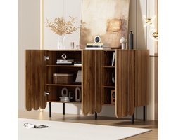 HAUSS SPOLE Dressoir – Golvende Deuren Met Greeploos Druk-Open Systeem – Verstelbare Planken – Voor Woonkamer En Hal – MDF – 120x35x80 Cm – Walnoot