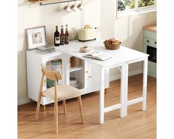 HAUSS SPOLE Dressoir - Inklapbaar Uitschuifbaar Tafelblad Uitklapbaar Tot 122x80 cm - Schuifdeuren En Laden - MDF Met Geharde Glazen Deuren - 116x40x78,5 cm - Wit