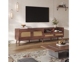 HAUSS SPOLE Dressoir - Tv Kast Met Rattan Deuren En 2 Laden - Voor Woonkamer En Tot 80 Inch Tv - Spaanplaat - 200x37x49,5 Cm - Bruin