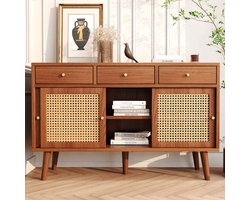 HAUSS SPOLE Dressoirs 120x40x78 - Dressoir Kast Met 3 Laden En 3 Deuren - Praktische Opbergruimte - Gevlochten rotan - poten van massief hout - handgrepen van goudkleurig metaal - verstelbare planken - MDF - Bruin