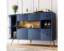 HAUSS SPOLE Dressoirs 130x40x80 - Dressoir Kast Met Glasschuifdeuren En LED Verlichting - Veel Opbergruimte - Onafhankelijke ladekast - MDF - Blauw