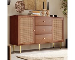 HAUSS SPOLE Dressoirs - 90x150x40 cm - Dressoir Kast Met 2 Deuren En 3 Lades - Rattan Front - Massief Hout - Bruin