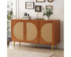 HAUSS SPOLE Dressoirs - Rechthoekig 129.8x40x76cm - Dressoir Met 3 Deuren En Rattan Front - Veel Opbergruimte - Voor Woonkamer Of Slaapkamer - Spaanplaat - Bruin