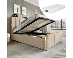 HAUSS SPOLE Eenpersoonsbed - 90x200 cm - Gestoffeerd Bed met Hoofdbord en Gouden Strepen - USB Type-C Oplaadfunctie - Hydraulisch Bed met Opbergruimte - Linnen - Beige