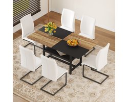 HAUSS SPOLE Eethoek Set - Rechthoekige Eettafel Met Opbergrek En 6 Stoelen - Voor Eetkamer En Keuken - Metaal Wit