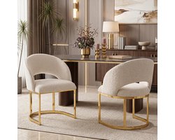 HAUSS SPOLE Eetkamerstoel - Bouclé Design - Set Van 2 - Comfortabel Met Gebogen Rugleuning En Gouden Metalen Poten - Beige En Goud