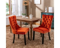 HAUSS SPOLE Eetkamerstoel – Fluweel Design – Set Van 2 – Hoge Rugleuning Met Gecapitonneerde Zitting & Siernagels – Voor Eetkamer En Woonkamer – Oranje