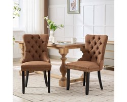 HAUSS SPOLE Eetkamerstoel – Moderne Knopenlook – Set Van 2 – Hoge Rugleuning Met Siernagels – Voor Eetkamer En Woonkamer – Linnen Koffie