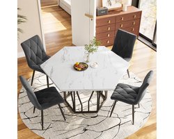 HAUSS SPOLE Eettafel En Stoelenset - Zeshoekige Tafel Met Marmerlook Blad - Voor Eetkamer En Keuken - MDF En Staal - 115,5x100x75 Cm - Zwart Grijs