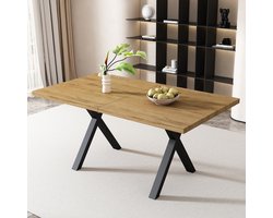 HAUSS SPOLE Eettafel - Rechthoekig Met Gekruist Metaalonderstel - Industrieel Betonlook Blad Voor Woonkamer En Keuken - MDF - 140x80x76 cm - Oak