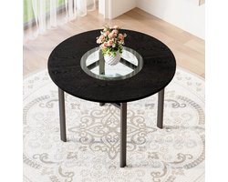 HAUSS SPOLE Eettafel Rond - Zwarte Houtlook Met Grijze Glasinleg En Glazen Onderplank - Voor Eetkamer Woonkamer Keuken - MDF Metaal - 100 Cm