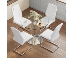 HAUSS SPOLE Eettafel Set - Ronde Glazen Eettafel Met 4 Stoelen - Modern En Ruimtebesparend - Voor Eetkamer - Glas Wit Zilver