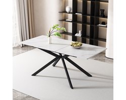 HAUSS SPOLE Eettafel - Uitschuifbare Rechthoekige Tafel Met Kruispoot En Marmerstructuur - Verstelbaar L150/180xB70xH76 cm Voor Eten En Wonen - MDF - Zwart/Wit