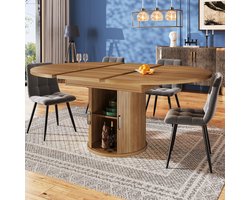 HAUSS SPOLE Eettafel - Uitschuifbare Ronde Eettafel Met Opbergruimte En Schuifdeuren - Voor Keuken, Eetkamer En Balkon - MDF - 118(158)x118x76.8 cm - Walnoot