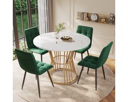 HAUSS SPOLE Eettafelset 5 Delig - Ronde Eettafel 100 Cm Met Marmerlook - Met 4 Fluwelen Stoelen - Metaal En MDF - Multicolor