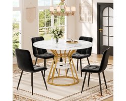 HAUSS SPOLE Eettafelset 5 Delig - Ronde Eettafel Met Marmerlook Blad - Voor Eetkamer En Woonkamer - MDF Metaal Fluweel - 100x100x76 Cm - Goud