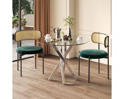 HAUSS SPOLE Eettafelset - Glazen Eettafel Met 2 Eetkamerstoelen - Rattan Rugleuning - Voor Eethoek En Woonkamer - Glas - Groen