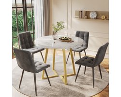 HAUSS SPOLE Eettafelset - Rond 5 Delig Met 4 Fluwelen Stoelen - Voor Keuken En Eethoek - MDF Marmerlook - 80x75 Cm - Multicolor