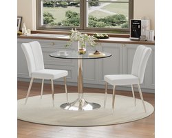 HAUSS SPOLE Eettafelset - Ronde Glazen Eettafel Met 2 Eetkamerstoelen - Modern Voor Keuken En Eetkamer - Wit Zilver